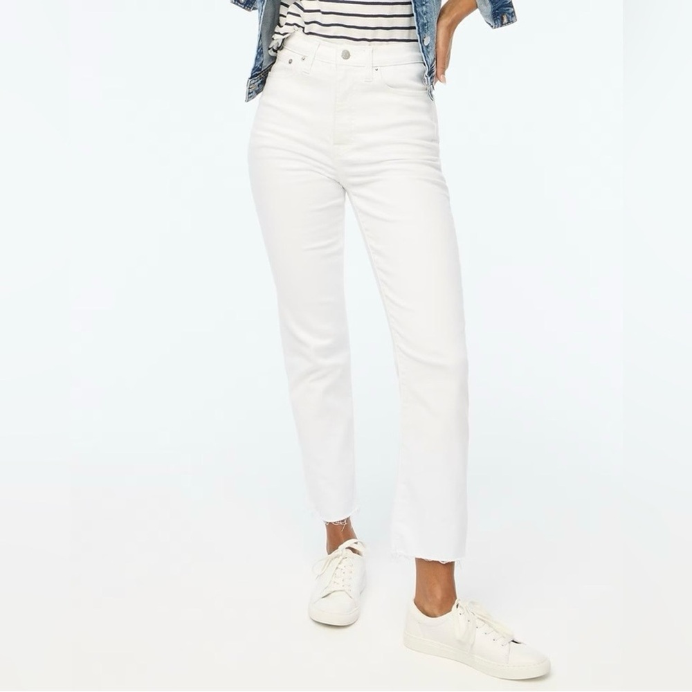 J. Crew Stovepipe Straight Raw Hem White Jeans Denim Signature Stretch 29